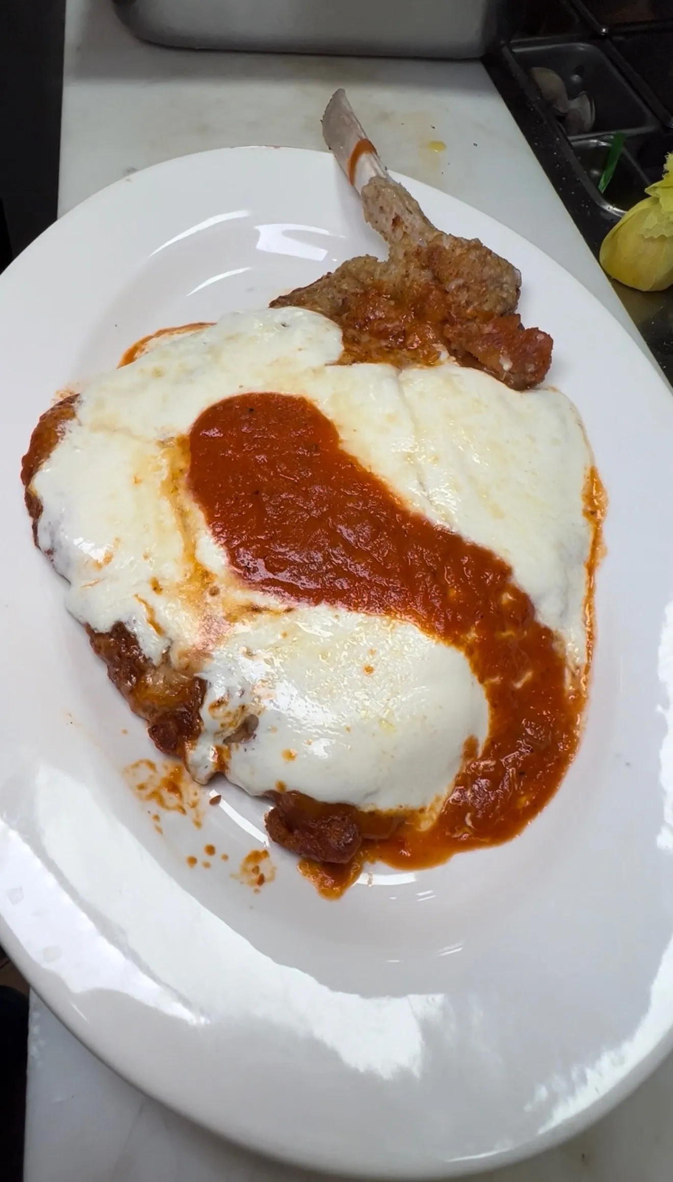 Bone-in thin veal chop parmigiana with melted cheese and tomato sauce on white plate