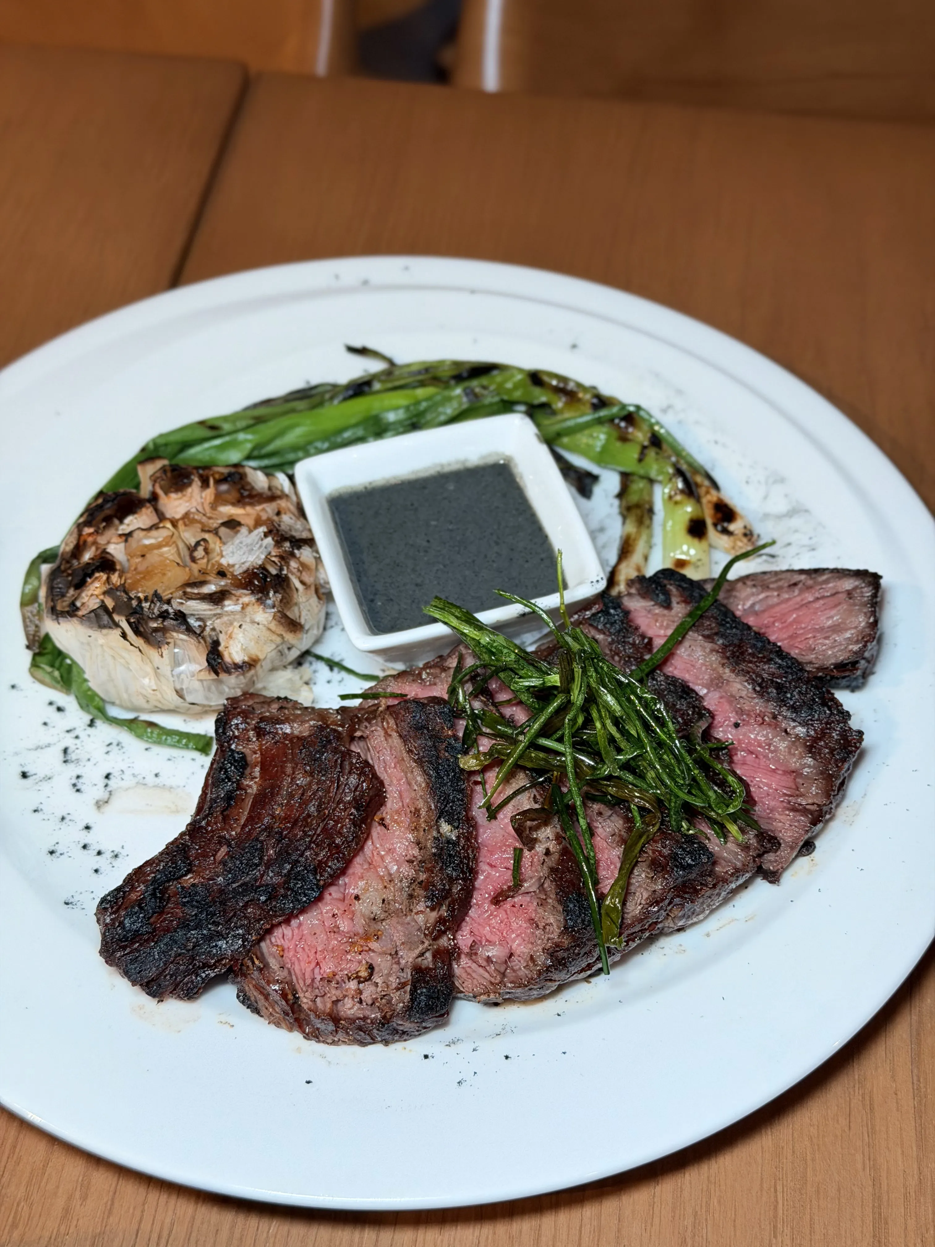 Wagyu spinalis steak with grilled asparagus and mushroom