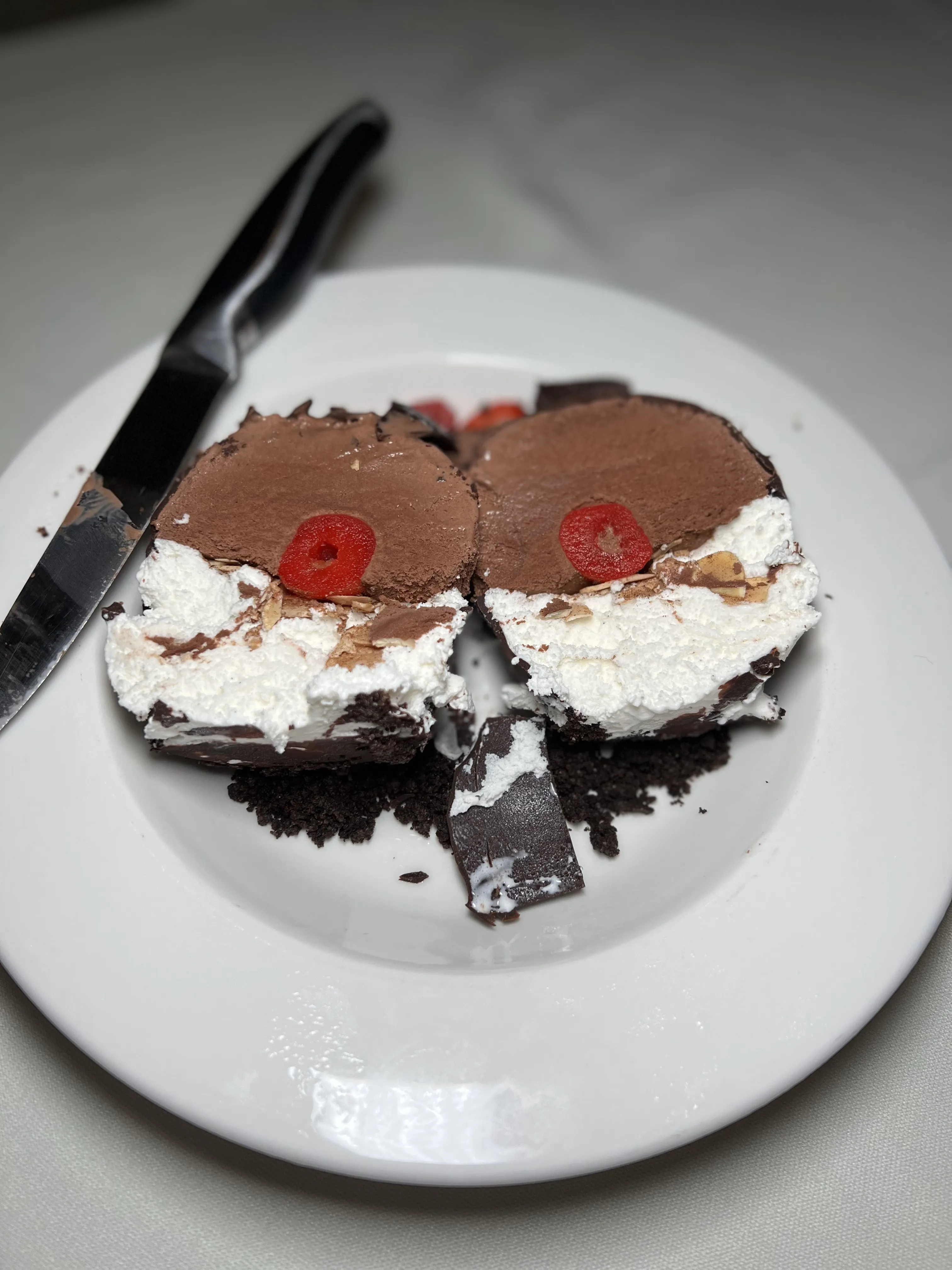 Chocolate shell tartufo sliced open showing vanilla ice cream and cherry center